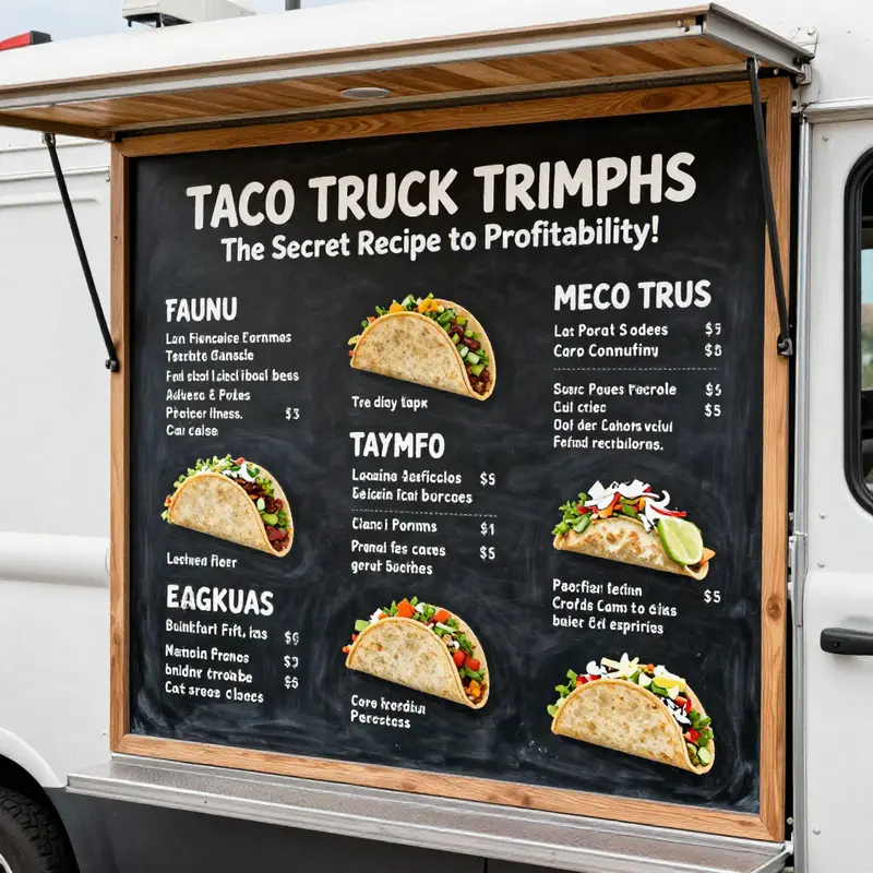 A vibrant taco truck attracting customers in a prime location.