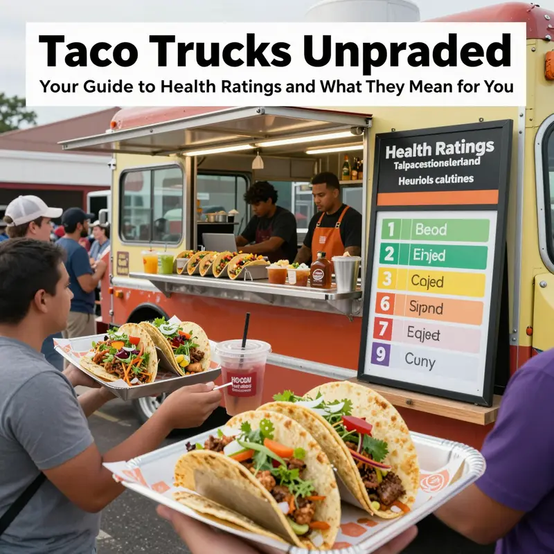 A colorful taco truck surrounded by happy customers and a visible health rating sign.