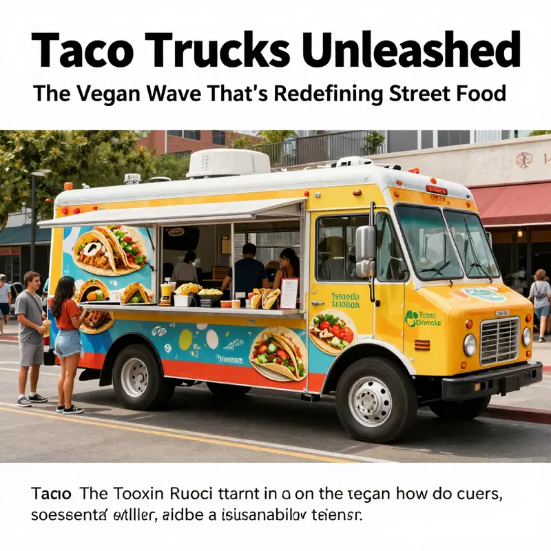 A bustling vegan taco truck in an urban setting, filled with customers enjoying assorted colorful tacos.
