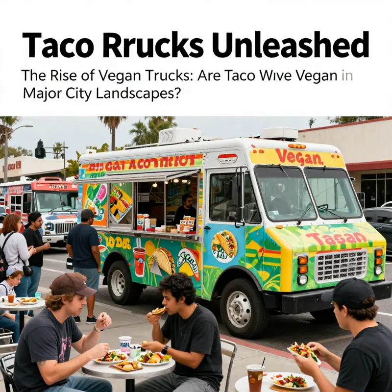 The vibrant scene of vegan taco trucks in L.A., highlighting the growing popularity of plant-based street food.