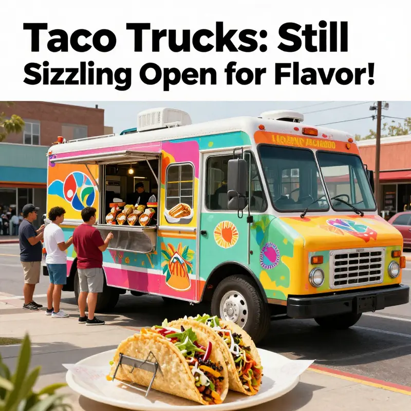 A colorful taco truck serving food in an urban setting with happy customers lining up.