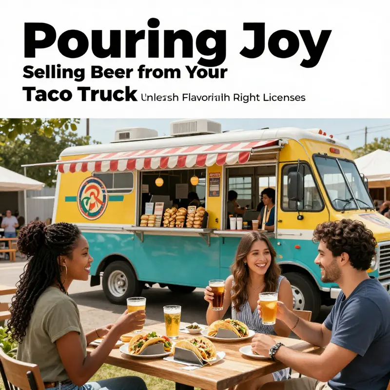 A crowded taco truck scene with customers relishing tacos and beers under the sun, capturing the festive spirit.