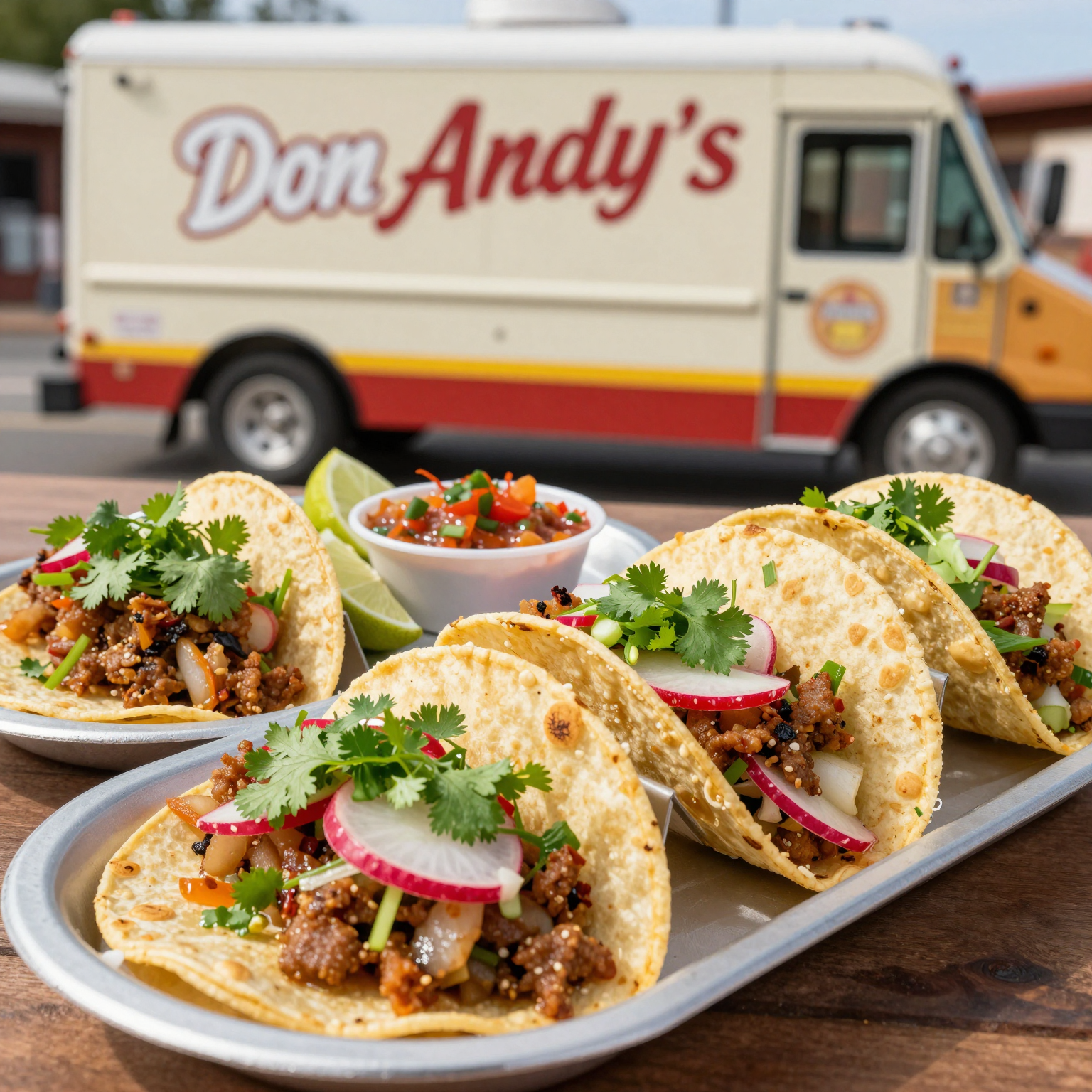 A vibrant and mouth-watering variety of tacos served at Don Andy's Taco Truck, showcasing colorful ingredients and garnishes.