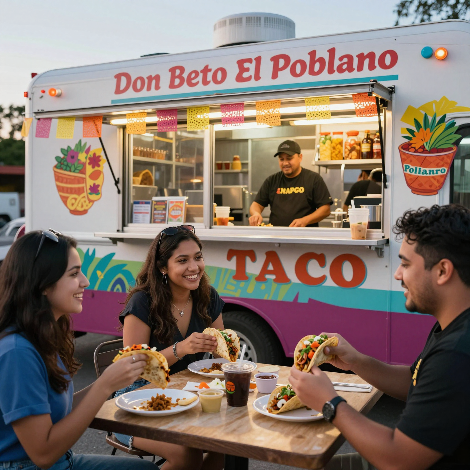 Customers enjoying tacos at Don Beto El Poblano Taco Truck
