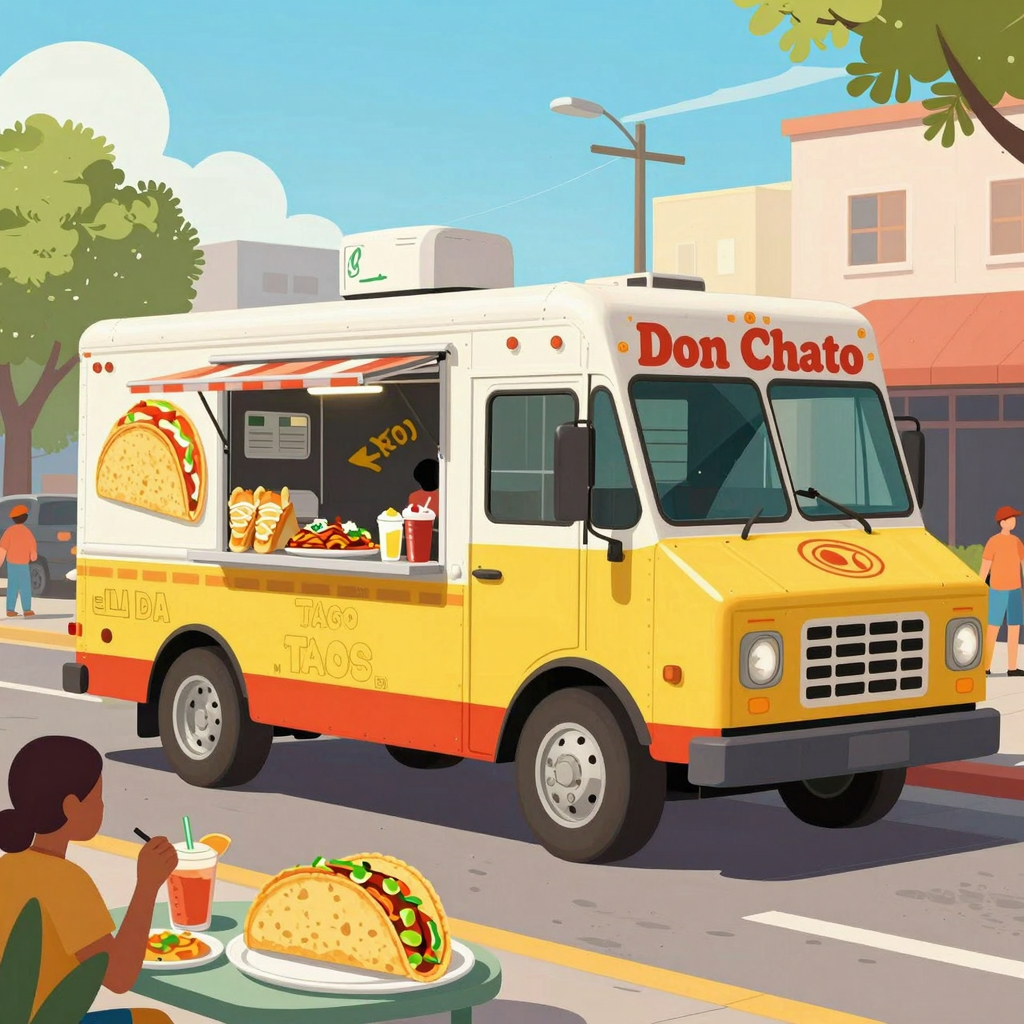 A vibrant illustration of Don Chato Taco Truck parked on a busy street.