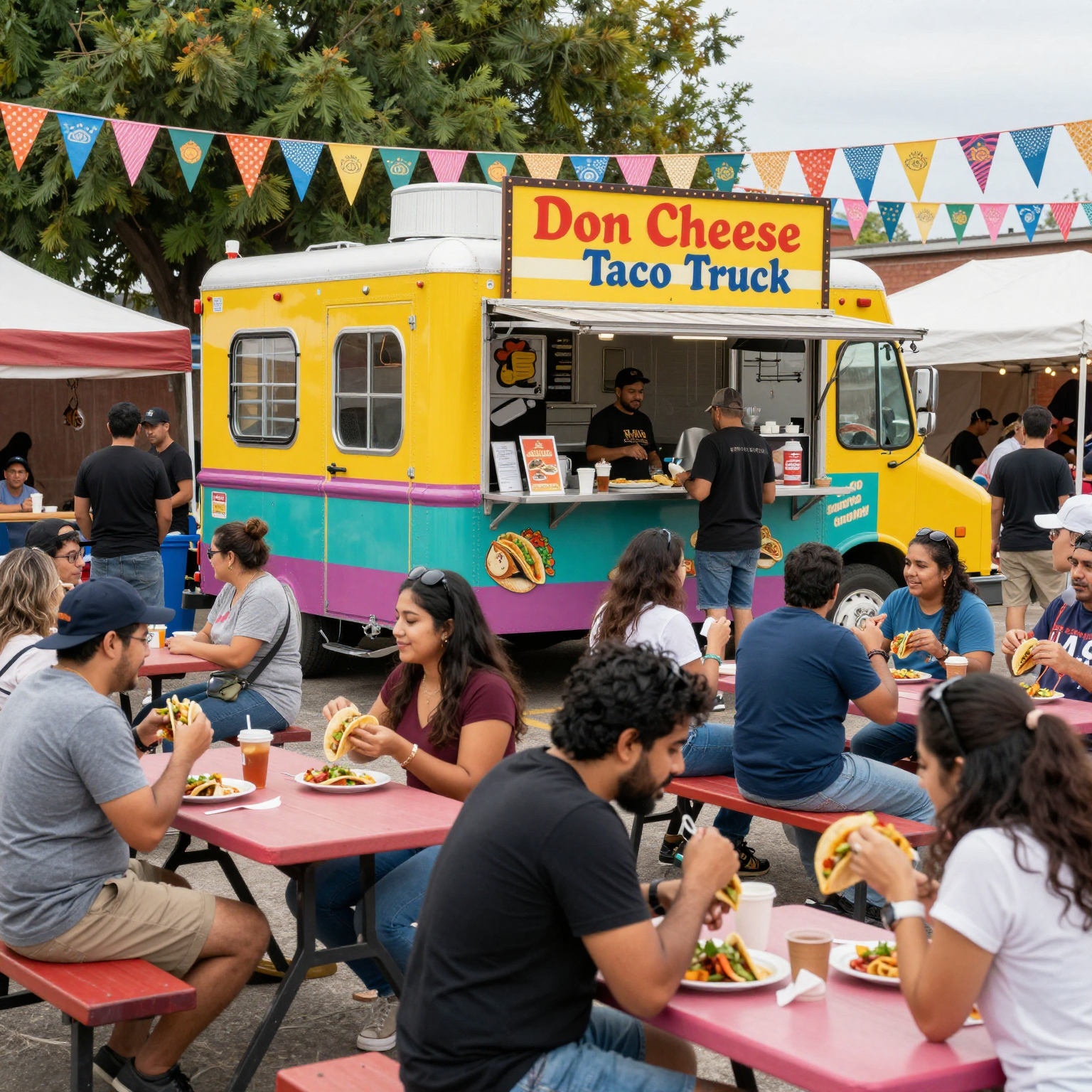 A vibrant street festival with a taco truck