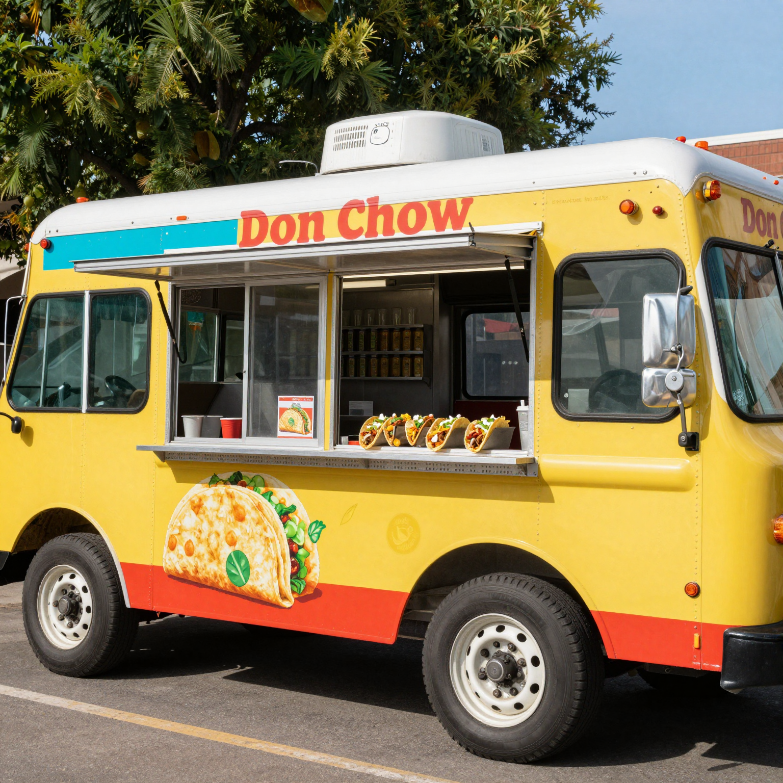 Colorful taco truck similar to Don Chow's, showcasing vibrant energy of food trucks.