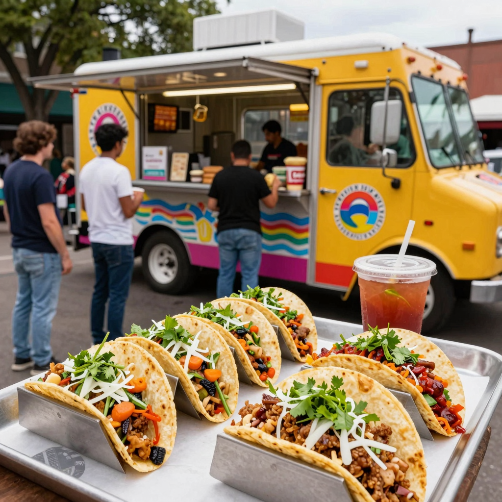 A vibrant taco truck showcasing an array of unique and colorful tacos inspired by both Mexican and Chinese cuisines.