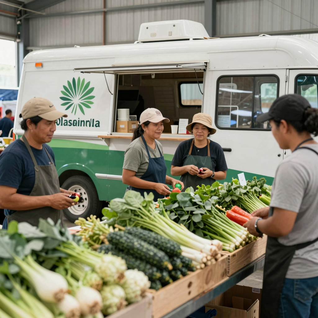 An indoor market scene with local farmers showcasing fresh produce