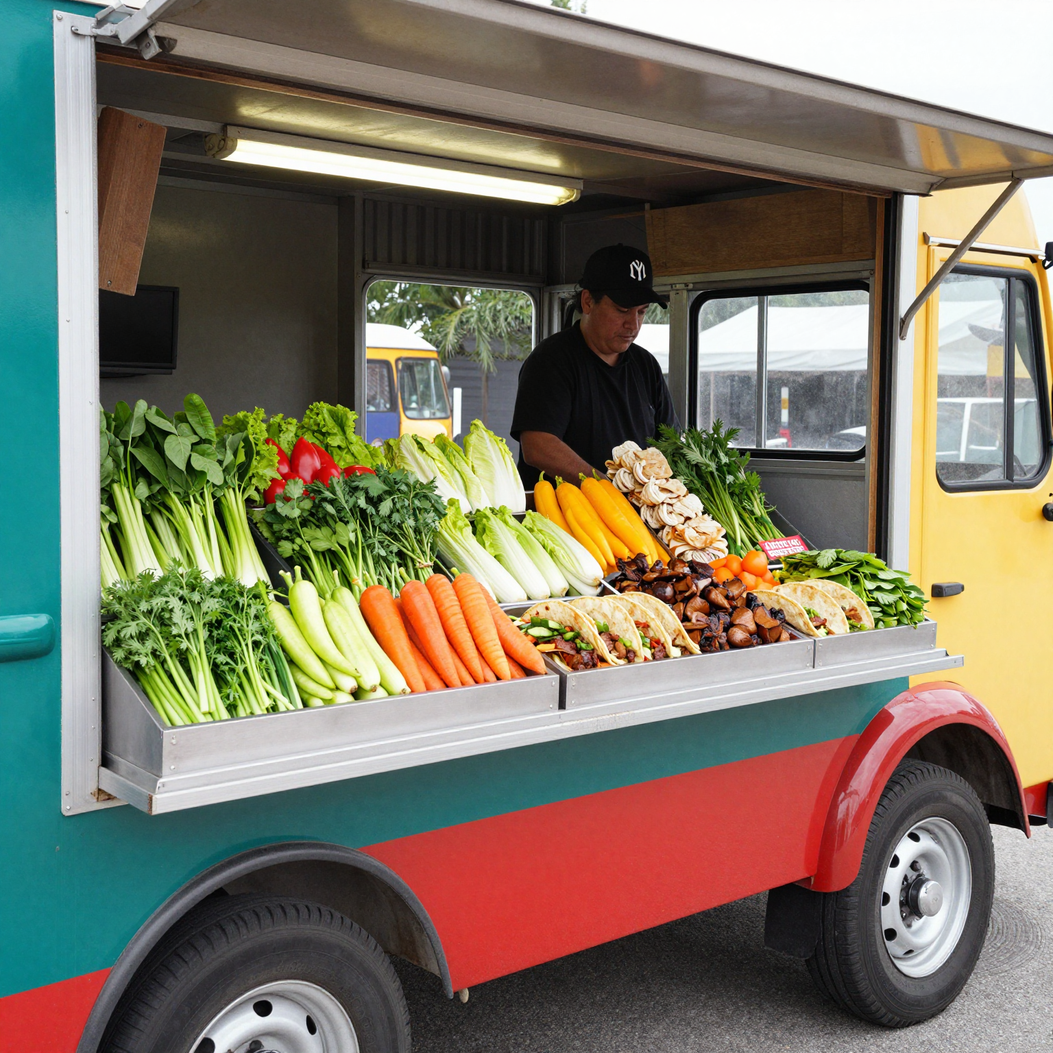 A vibrant taco truck showcasing fresh ingredients