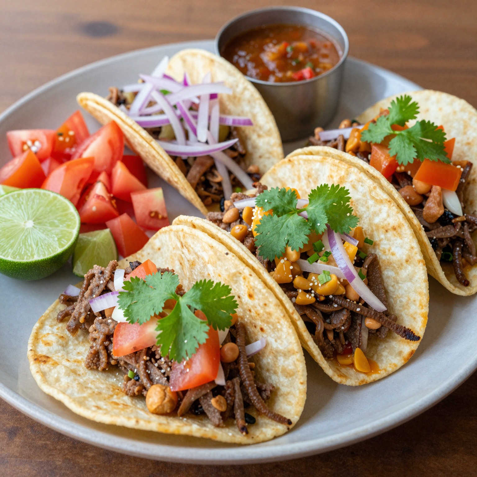 A vibrant taco platter from Don Cocho featuring colorful ingredients