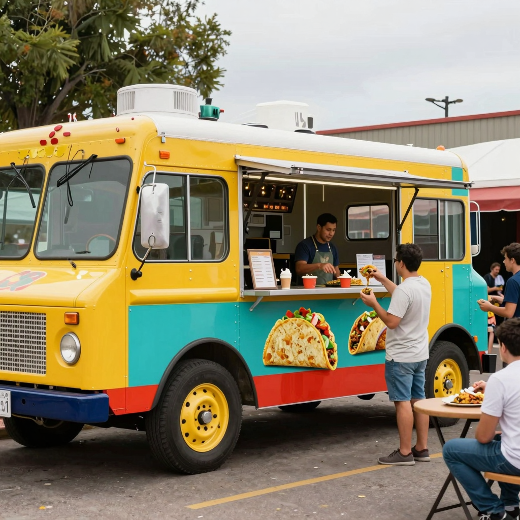 A vibrant taco truck showcasing colorful visuals in a lively outdoor setting.