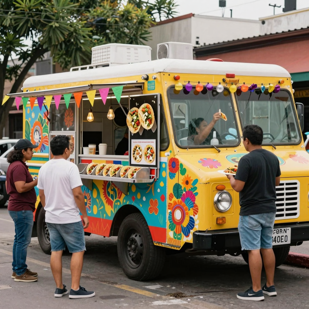A lively taco truck on the streets with colorful decorations