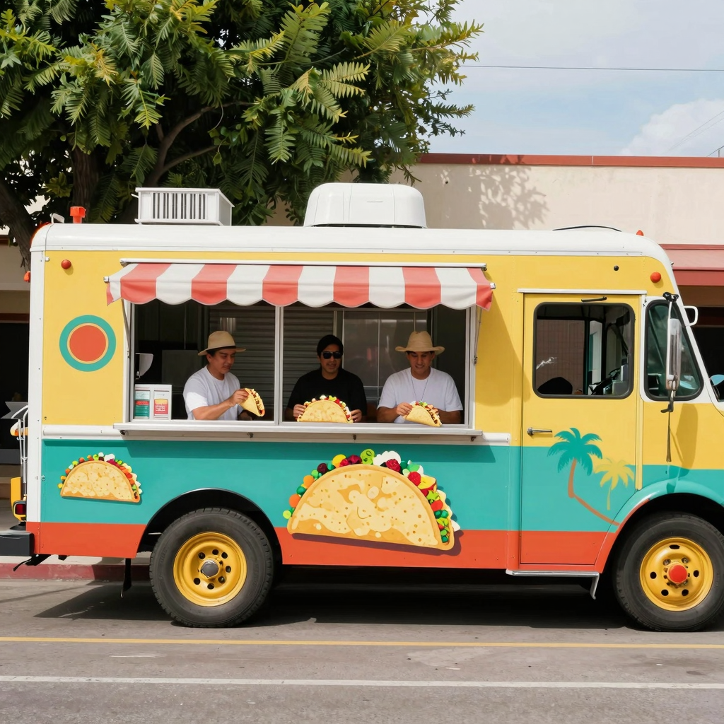 A vibrant taco truck amidst a lively taco culture scene