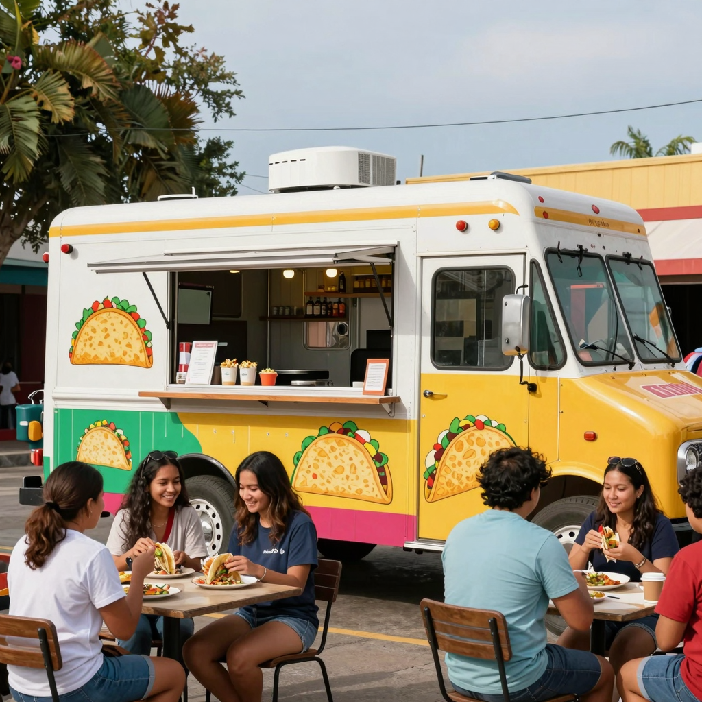Vibrant taco truck in a colorful outdoor setting with happy customers.