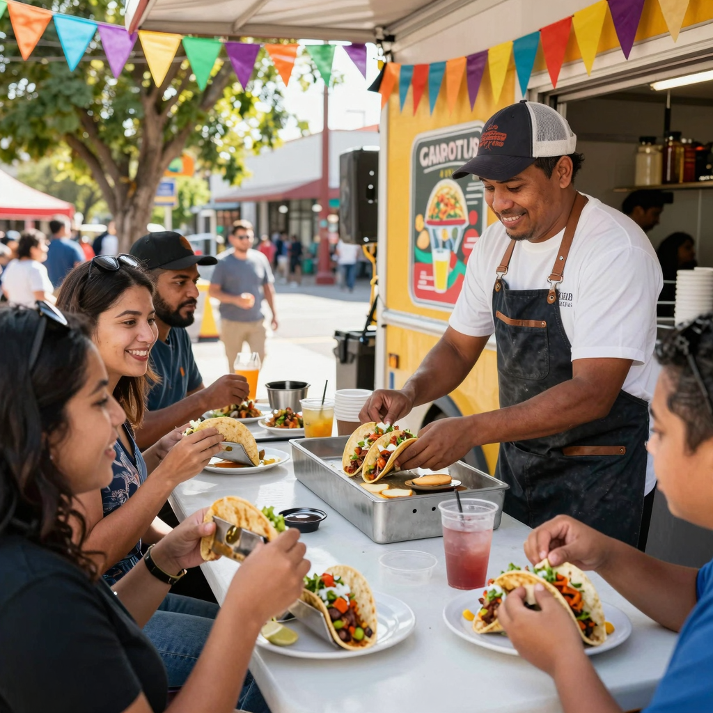 A vibrant taco truck scene
