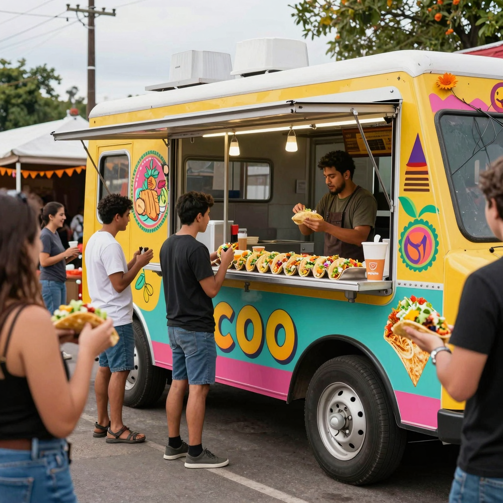 A vibrant taco truck set in a lively street food scene, showcasing colorful tacos and people enjoying food.