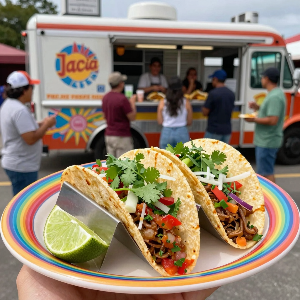Delicious tacos served on a colorful plate with fresh ingredients and a taco truck in the background.