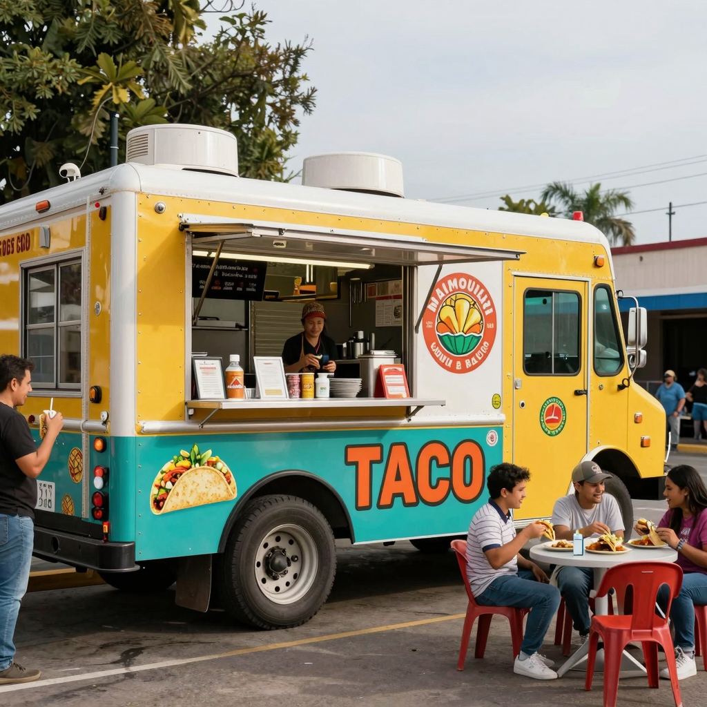 A vibrant taco truck, showcasing its colorful design and signage, bustling with happy customers enjoying tacos.