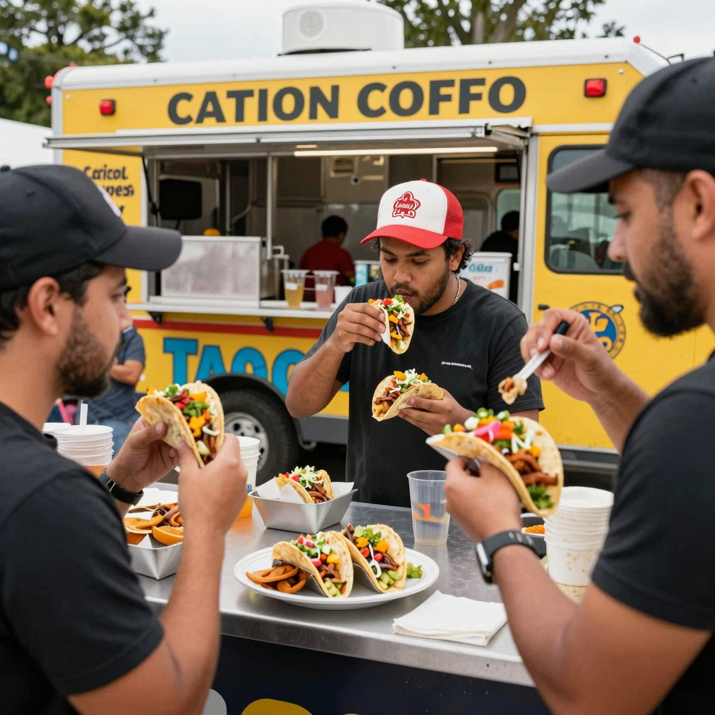 A vibrant image of a taco truck at a local event serving delicious tacos with colorful toppings, with people enjoying tacos. The setting should be lively, showcasing the taco truck branding prominently.