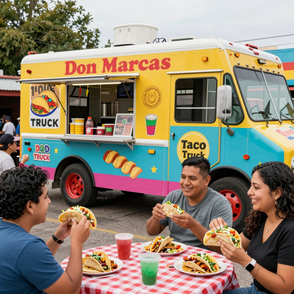 A vibrant taco truck in a lively setting representing Don Marcos Taco Truck.