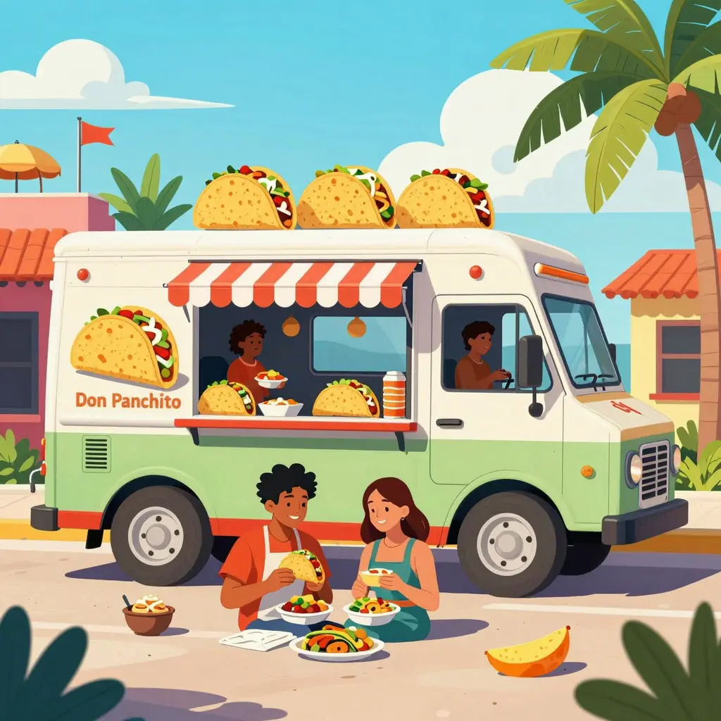 A colorful and vibrant illustration of Don Panchito taco truck