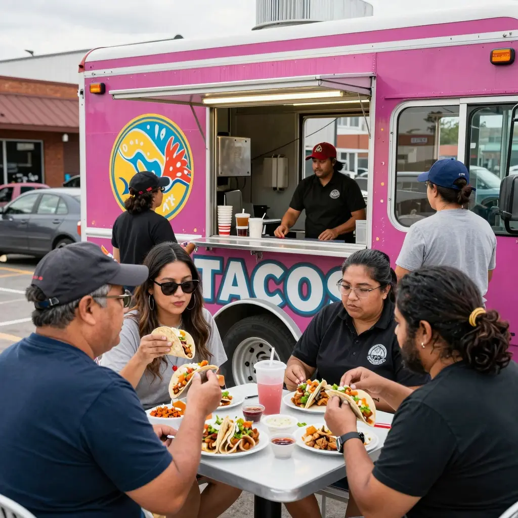 A vibrant and lively taco truck scene in Salt Lake City