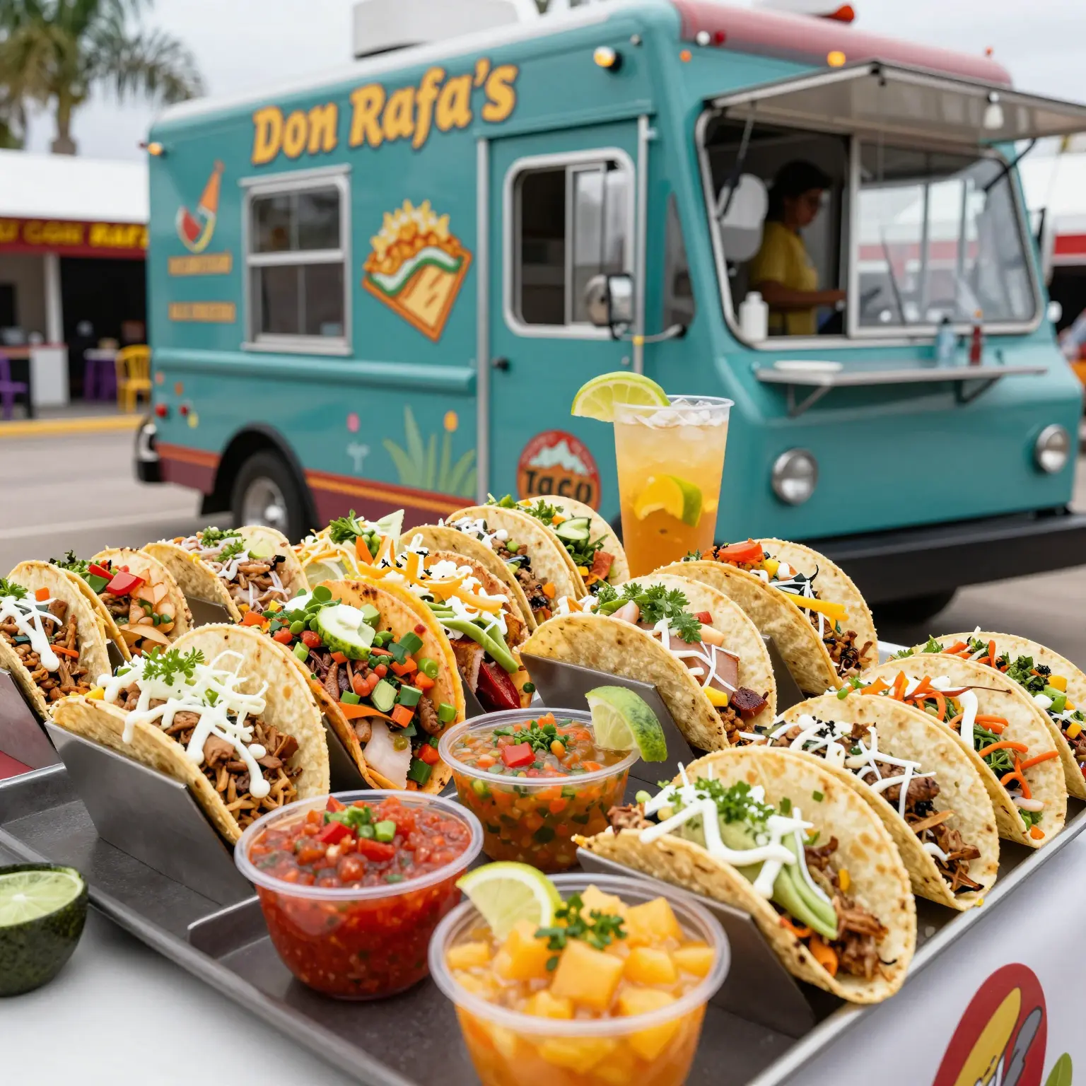 A vibrant array of colorful tacos from Don Rafa's Taco Truck